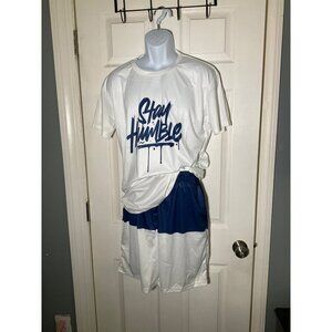 Stay Humble Men's Athletic Set - White/Blue T-Shirt & Shorts XL